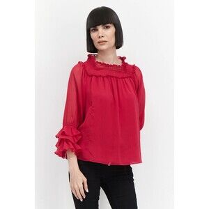 NWT CeCe Women's Small Pink Ruffle Sleeve Semi Sheer Blouse "Off the Shoulder"